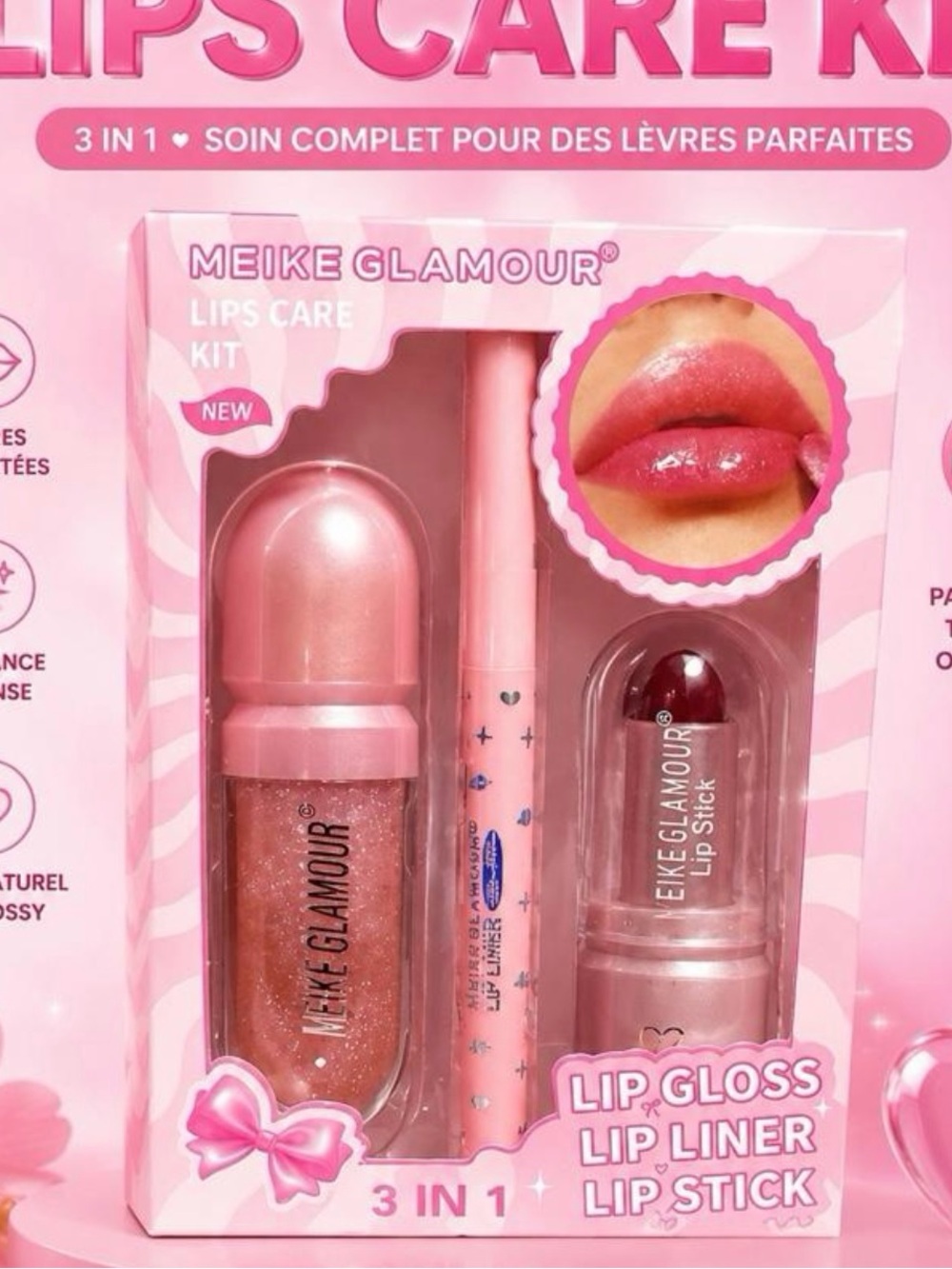Glamour 3-in-1 Pink Lip Care Kit - Lip Gloss, Liner & Lipstick
